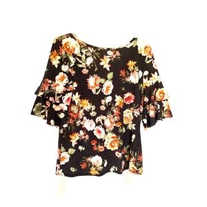 Floral, short sleeve with ruffles, tie back tee